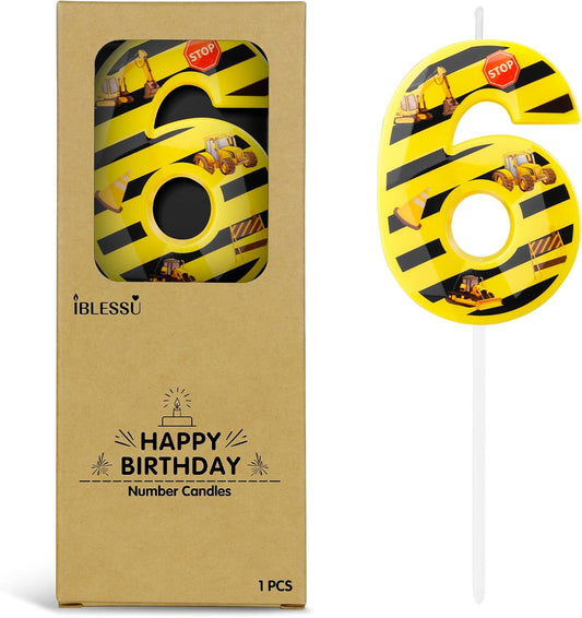 Number 6 Construction Birthday Candle, 2.68 Inch Yellow and Black Striped Candle, Birthday Candles Numbers Construction Cake Topper for Boys Girls, Construction Birthday Party Supplies Decorations