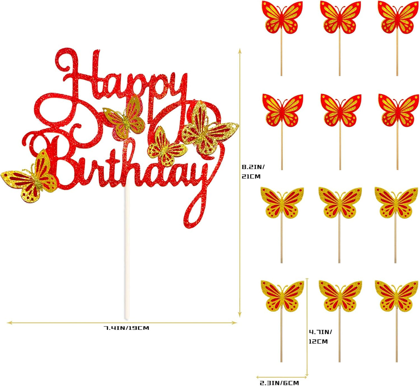 13-Piece Butterfly Cake Toppers - 3D Cupcake Toppers for Girls & Women's Birthdays (Golden Red)