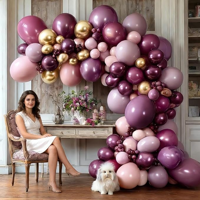 Dark Purple Pink Balloon Garland Double Stuffed Plum Mauve Burgundy Gold Balloon Arch Kit Dusty Pink Lavender Balloons for Birthday Bridal Shower Wedding Valentine Mother's Day Party Decorations