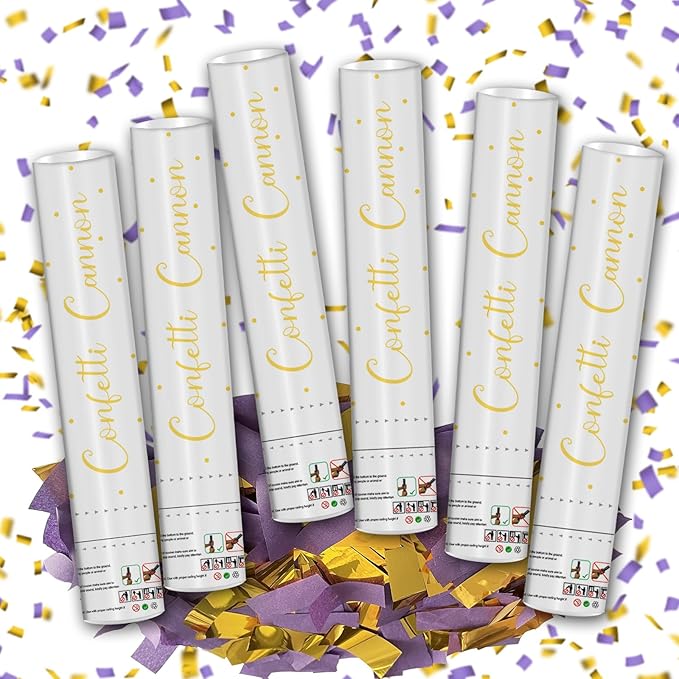 12" Purple & Gold Confetti Cannons - Party Poppers for Birthday Graduation Wedding Celebrations - Easy to Use - Pack of 6