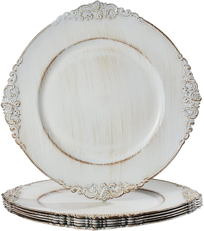 MAONAME Antique White Charger Plates, Round Antique Plate Chargers for Dinner Plate, 13" Plastic Charger for Plates, Wedding Table Setting, Set of 6