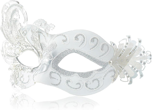 2025 New White Masquerade Mask for Women-Peacock Metal Masquerade Venetian Mask Silver- Masks for Women Butterfly - Mardi Gras, Halloween Parties, Costume Party, Carnivals, Wedding