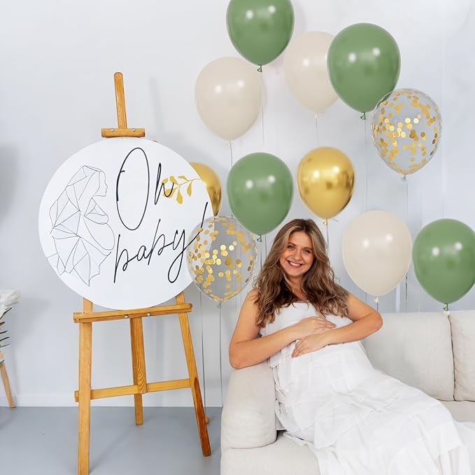 68Pcs Balloons Kit 12 Inch, Sage Green Balloon Sand White Metallic Gold Balloon Confetti with Ribbons, Party Balloons for Baby Bridal Shower Wedding Birthday Decorations.