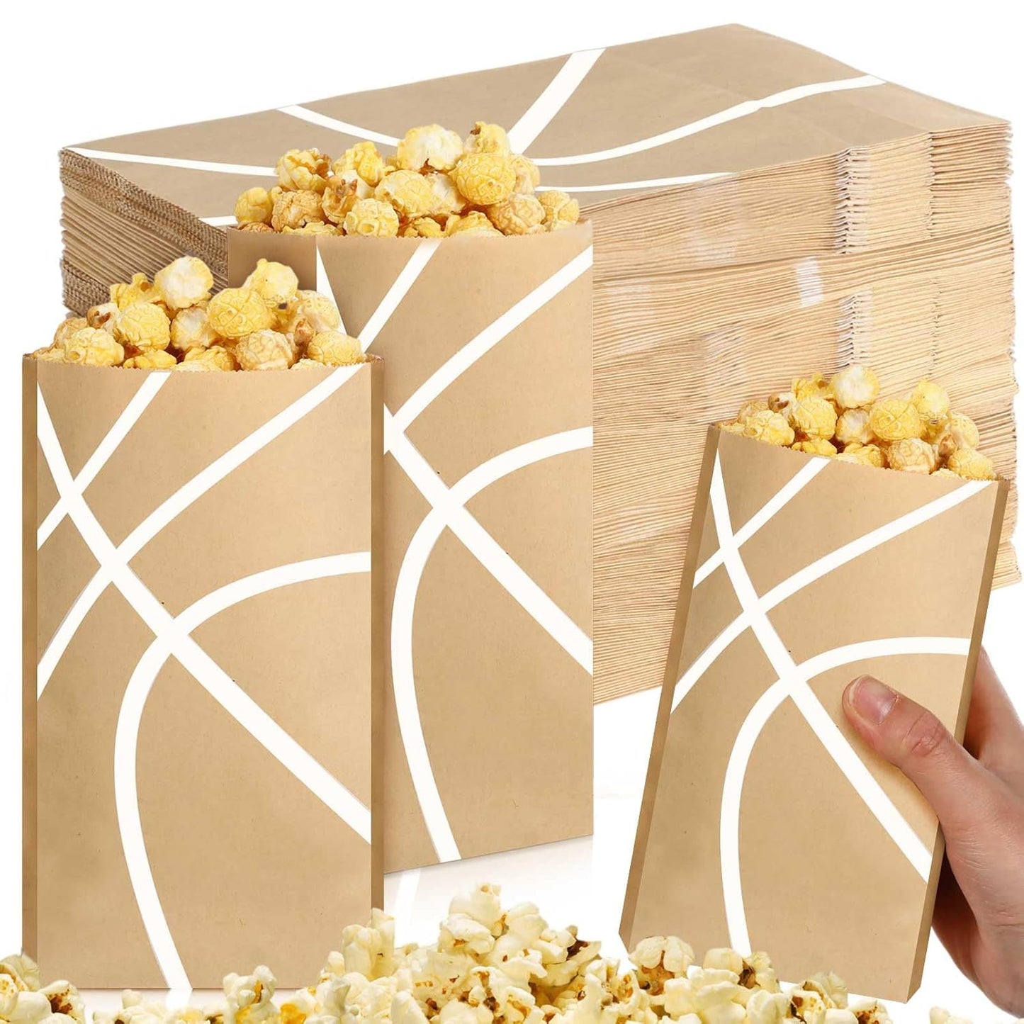 100 Pcs Basketball Popcorn Bags Large Brown Kraft Papers Disposable Basketball Theme Candy Treat Bags for Sports Party Birthday Supplies