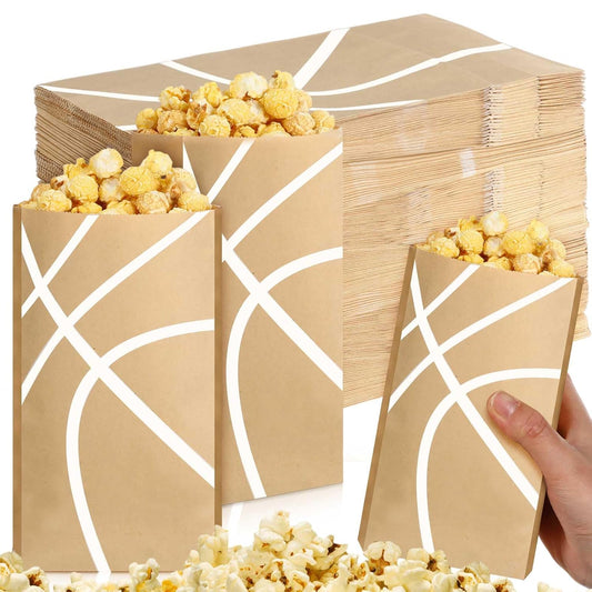 100 Pcs Basketball Popcorn Bags Large Brown Kraft Papers Disposable Basketball Theme Candy Treat Bags for Sports Party Birthday Supplies