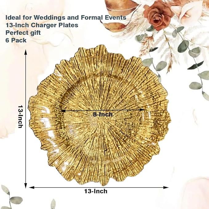 Gold Charger Plates,13 Inch Reef Plastic Chargers for Dinner Plate, Decorative Chargers for Wedding,Elegant Parties, Banquets and Table Decor(Set Of 6)