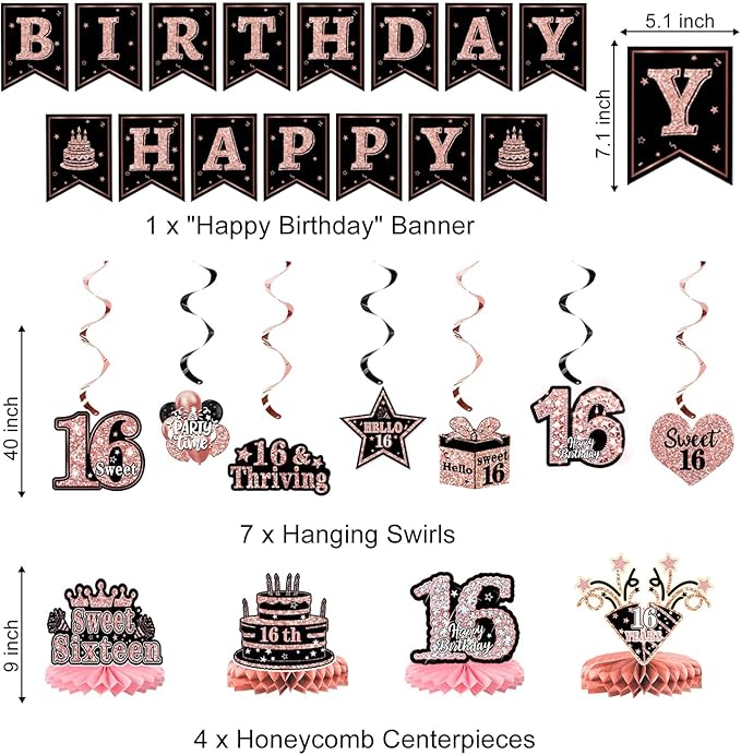 Sweet 16 Party Decorations – 16th Birthday Decorations Backdrop, Banner, Honeycomb Centerpieces, Hanging Swirls, Foil & Latex Balloon, Cake & Cupcake Toppers, Sash, Pom Poms