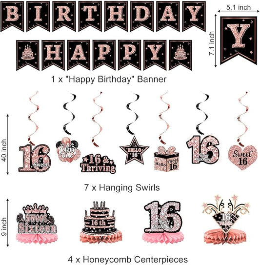 Sweet 16 Party Decorations – 16th Birthday Decorations Backdrop, Banner, Honeycomb Centerpieces, Hanging Swirls, Foil & Latex Balloon, Cake & Cupcake Toppers, Sash, Pom Poms