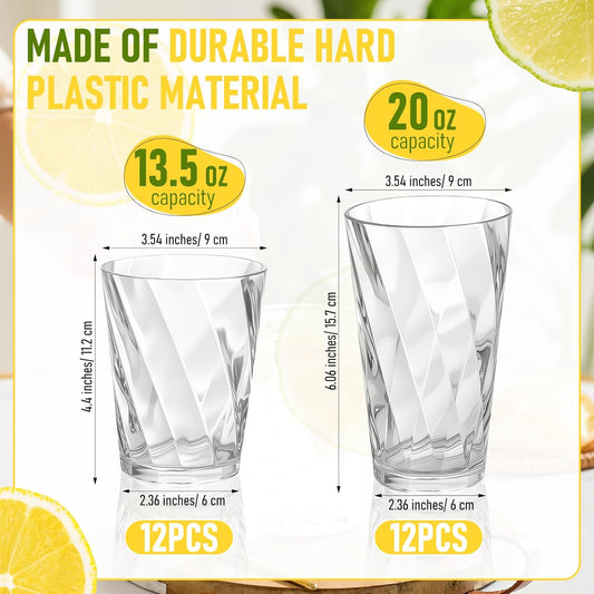 LemonRoad 24 Pack Plastic Drinking Glasses Set Reusable Clear 13.5 oz Rocks & 20 oz Water Cups Set Stackable Clear Plastic Tumblers Kitchen Drinkware for Whiskey Beer Juice Milk Water Drink Cocktail