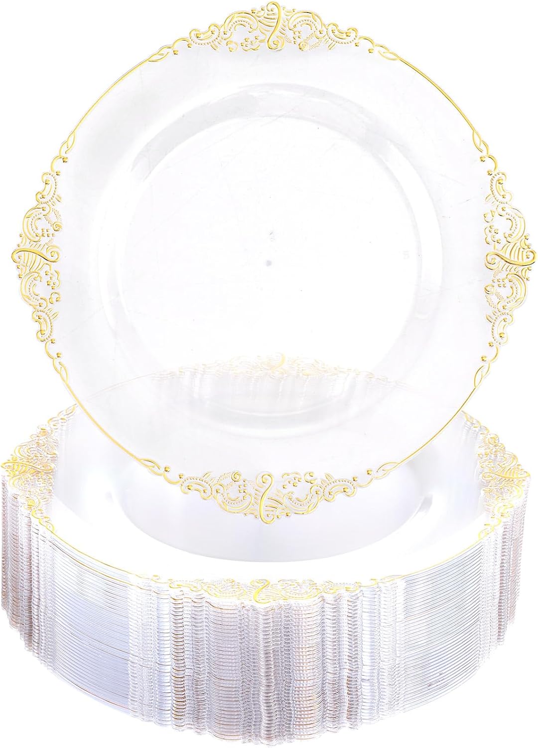 Morejoy 100 Pieces Gold Plastic Plates - Clear Gold Disposable Plates - 10.25inch Clear Plastic Dinner Plates With Gold Rim for Weddings & Parties & Shower