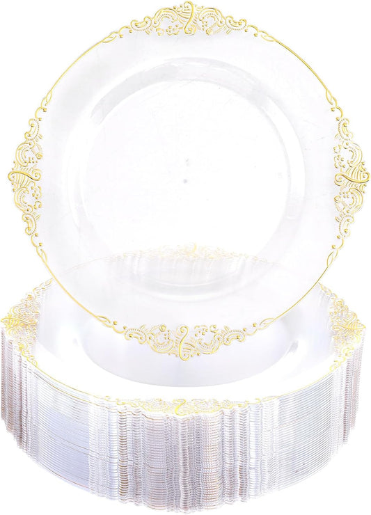 Morejoy 100 Pieces Gold Plastic Plates - Clear Gold Disposable Plates - 10.25inch Clear Plastic Dinner Plates With Gold Rim for Weddings & Parties & Shower