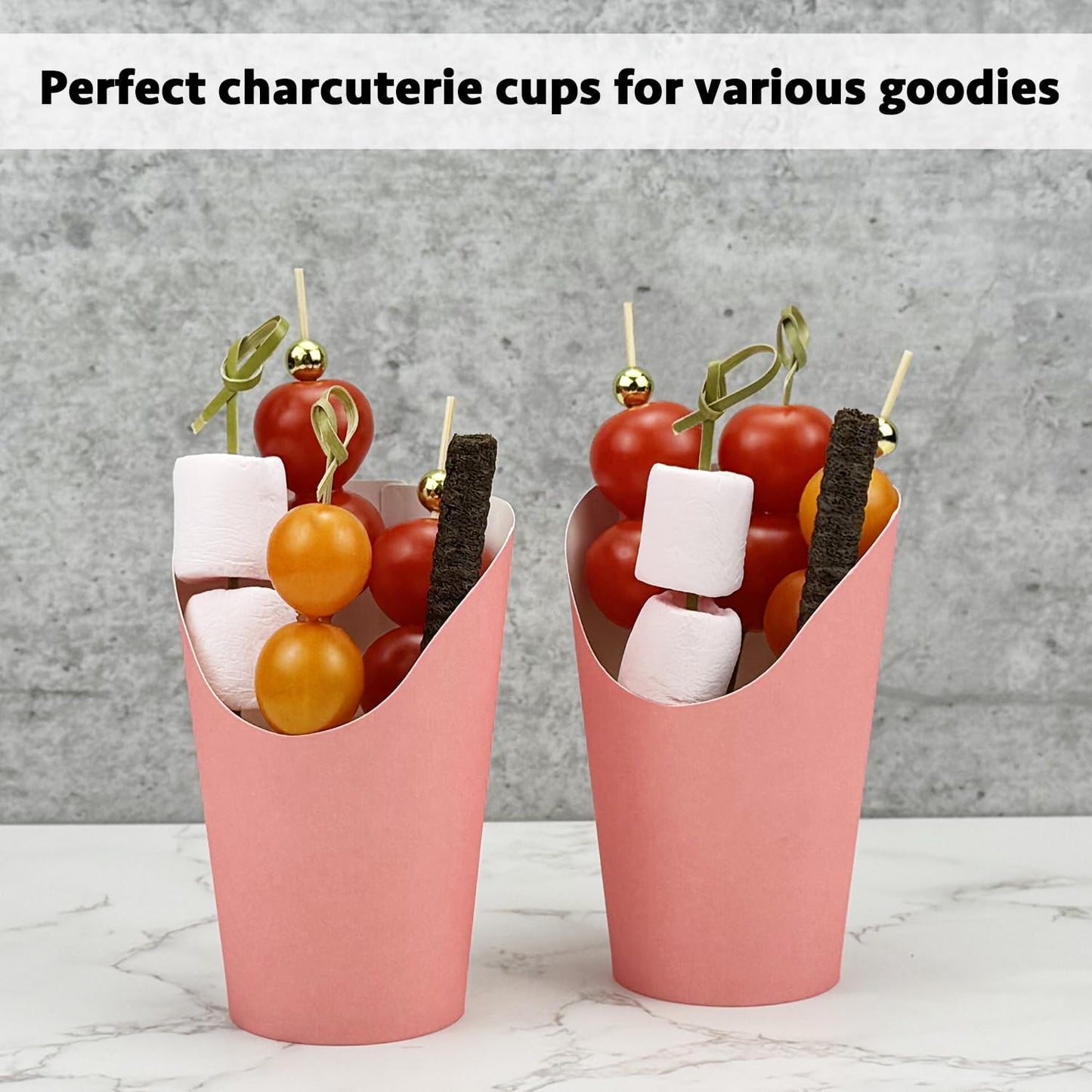 CAMKYDE 50 Charcuterie Cups + 200 Cocktail Picks + 56 Labels, 12 oz Disposable Charcuterie Cups with Sticks (2 Types), French Fry Cup Pink Paper Appetizer Cup for all Occasions (Pink)
