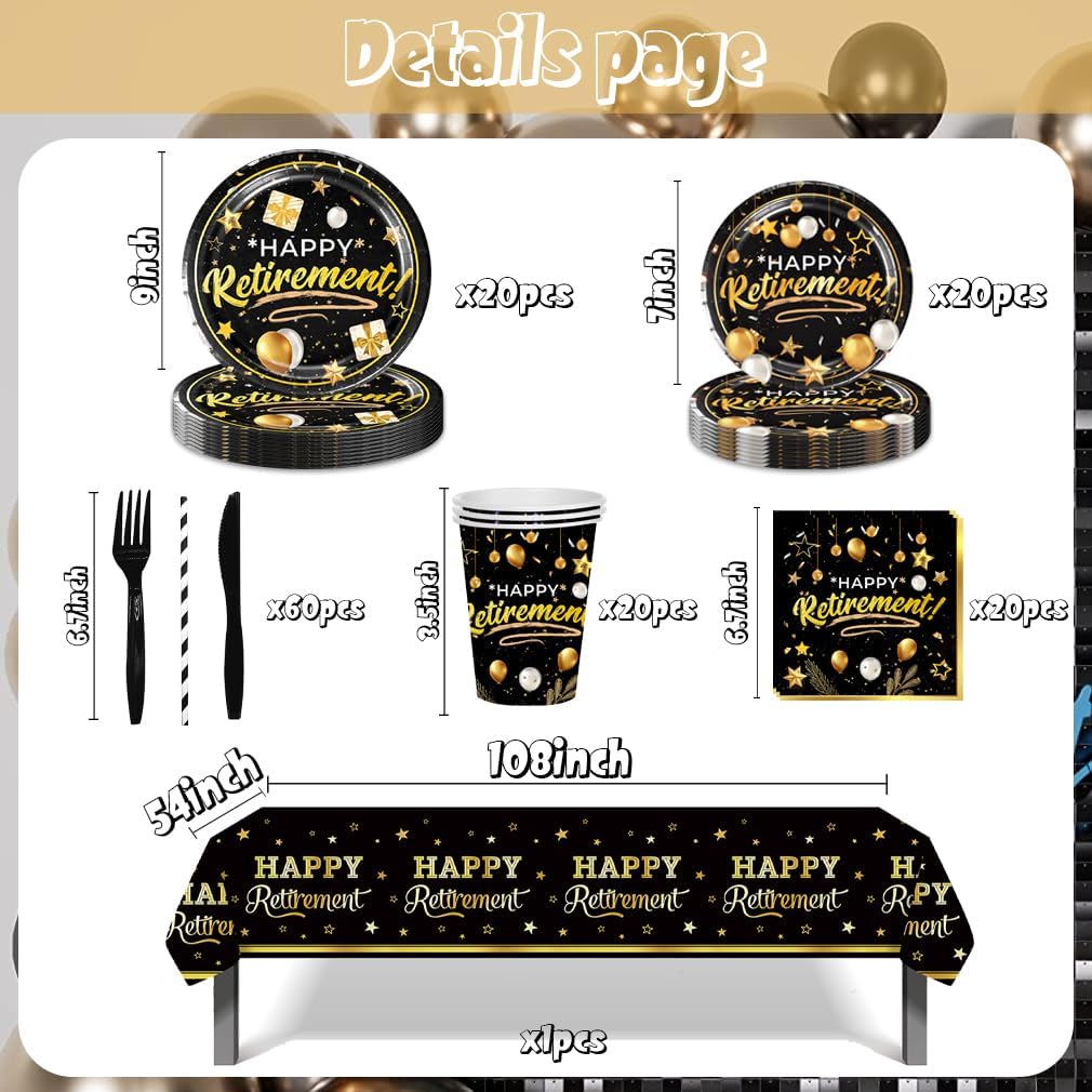 141pcs Retirement Party Decorations,Black Gold Party disposable tableware Includes Dinner Plate Dessert Plate Paper Napkin Cup Knife Fork Straws Tablecloth Black Gold Retirement Supplies set