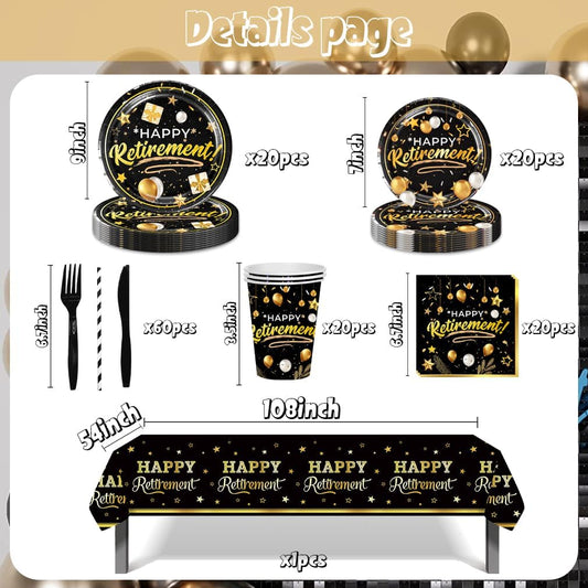 141pcs Retirement Party Decorations,Black Gold Party disposable tableware Includes Dinner Plate Dessert Plate Paper Napkin Cup Knife Fork Straws Tablecloth Black Gold Retirement Supplies set