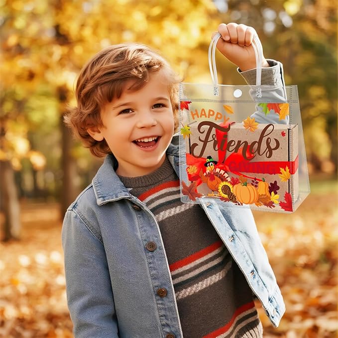 H1vojoxo Friendsgiving Party Gift Bags - 24PCS Happy Friendsgiving Clear PVC Gift Bags with Handle Reusable Thanksgiving Goodie Treat Candy Tote Bag Turkey Pumpkin Maple PVC Tote Bag for Party Decor