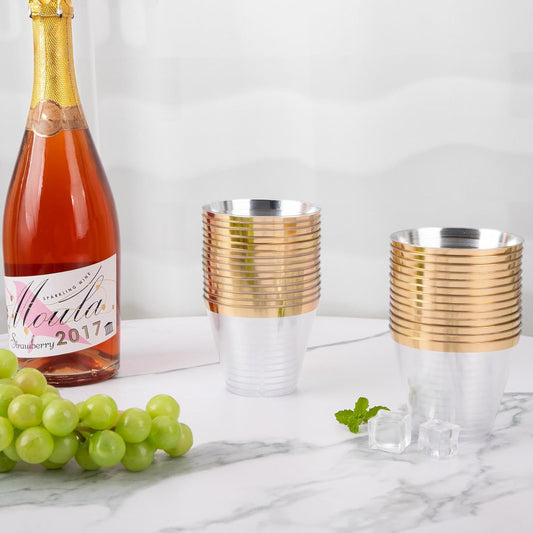 Nervure 240PCS Gold Plastic Cups - 9Oz Gold Rimmed Plastic Cups - Heavy Duty Disposable Clear Cup with Gold Rim Perfect for Weddings, Receptions & Parties