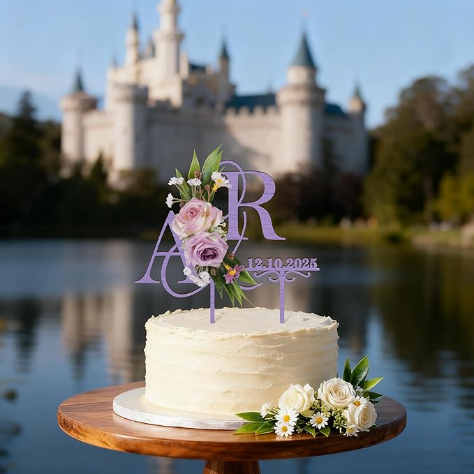Personalized Wedding Cake Topper with 3D Artificial Flowers and Green Leaves Custom Initials Wooden Anniversary Cake Decoration