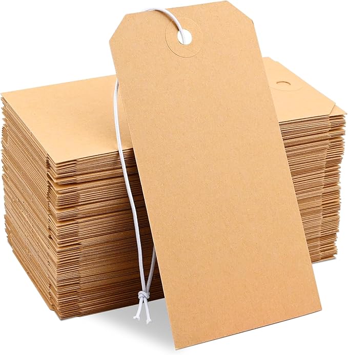 100 Pack Manila Shipping Tags with Elastic String Blank Labeling Tags with Strings Attached, 4 3/4" x 2 3/8"