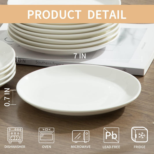 7 Inch Ceramic Dessert Plates Set of 12, White Round Appetizer Plate with Rim, Porcelain Small Dinner Plates for Snacks, Side Dishes, Fruit, Microwave Oven and Dishwasher Safe