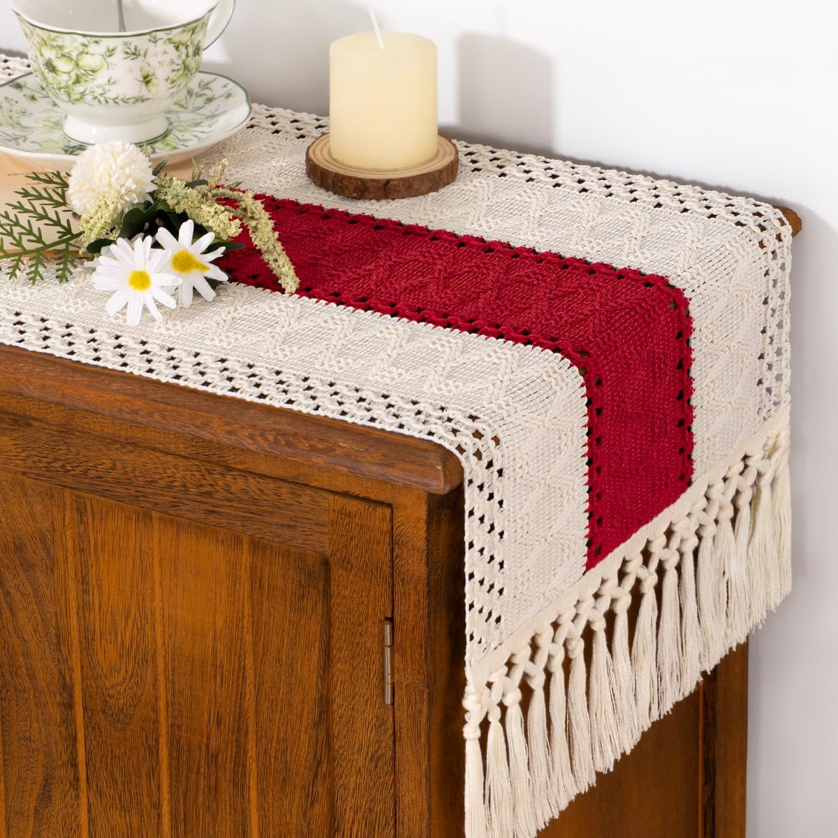 Socomi Boho Table Runner Fall Thanksgiving Farmhouse Rustic Dining Kitchen Centerpiece Decor Small Macrame Woven Cotton Linen Coffee Table Runner for Dresser Scarf Home Decor 12x72 in Red Ivory