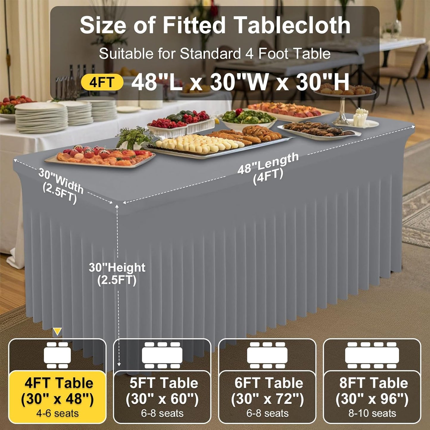 Smiry Spandex Tablecloth 2 Pack, Elastic Fitted Stretch Tablecloth for 4FT Rectangle Tables, Waterproof Washable Table Cover Skirt for Outdoor, Wedding, Banquet & Parties (Grey, 48Lx30Wx30H Inch)