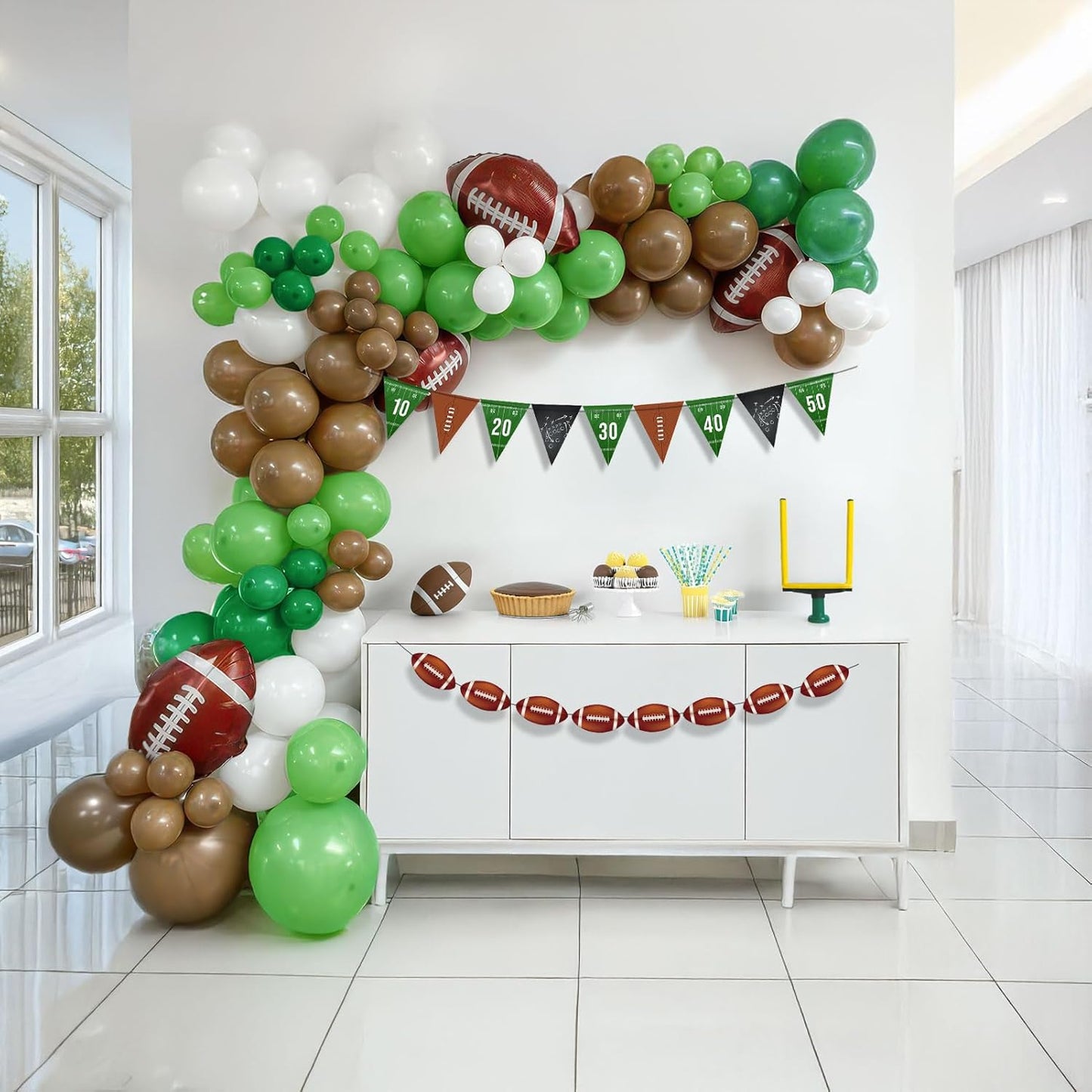 Football Brown Green White Balloon garland arch Kit 110 PCS with foil balloons and banner for Boy 2nd down football baby shower birthday party 2025 super sports Touch down theme decorations