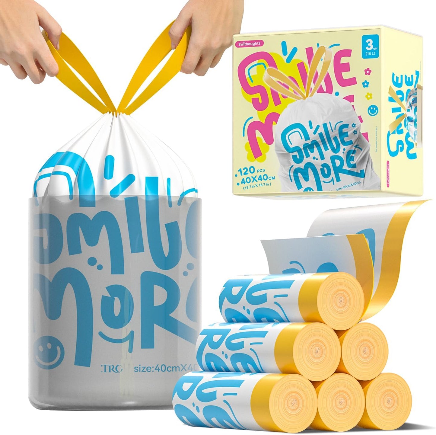 3 Gallon Trash Bags, 120 Count White Alphabet Printed Small Drawstring Garbage Bags Unscented for Toilet Home Office and Bedroom