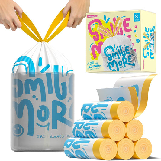 3 Gallon Trash Bags, 120 Count White Alphabet Printed Small Drawstring Garbage Bags Unscented for Toilet Home Office and Bedroom