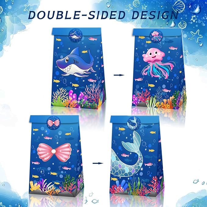 Inshinern Ocean Animals Party Favors Under The Sea Goodie Treat Gift Bag with Stickers Jellyfish Shark Coral Oneder The Sea Party Decorations Mermaid Themed Candy Bags for Kids Birthday Baby Shower