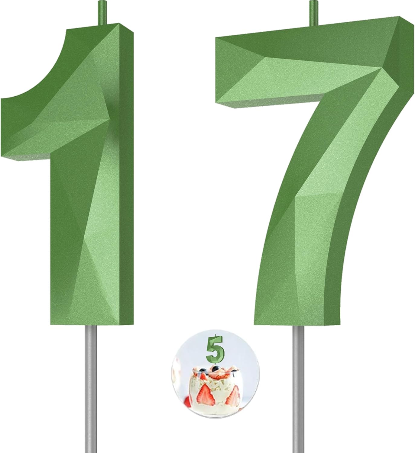 Number Birthday Candles(17 Candle Green) 3D Diamond Shape Number Happy Birthday Cake Candles for Birthday Party Wedding Decoration Reunions Theme Party