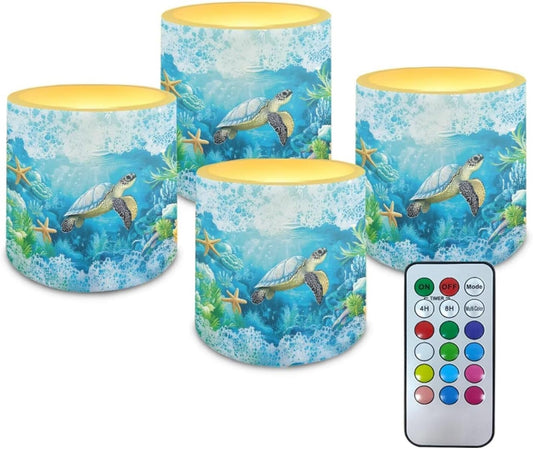 Poceacles 4 Piece Flameless LED Candles with Remote, Plastic Battery-Powered Candles with 12 Colors Changing Decorative Night Light for Home Holiday Decor, Sea Turtle Starfish Coral Blue Ocean