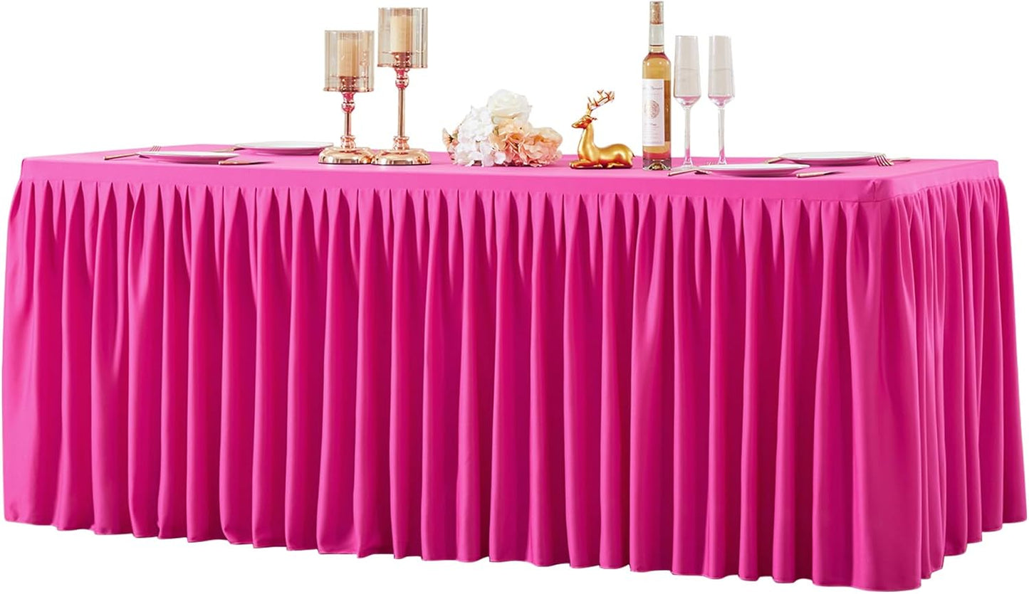 Hot Pink Polyester Table Clothes for 4 Foot Rectangle Tables, Wrinkle Free Fitted Table Cover with Pleated Ruffle Table Skirt for Birthday Party Wedding Trade Show Event Display