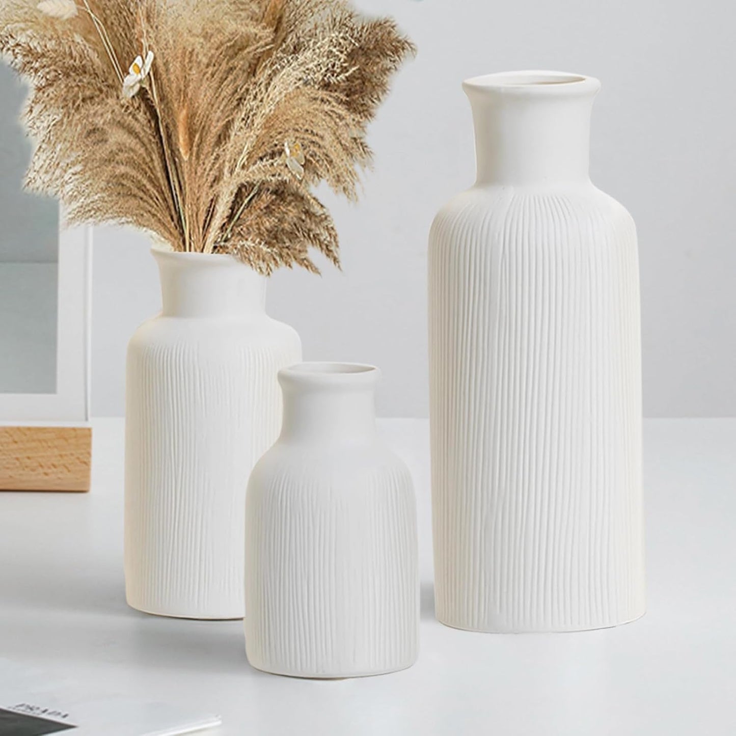 White Ceramic Vase Set of 3, Modern Ribbed Design, Pampas Vases, Table Decorations