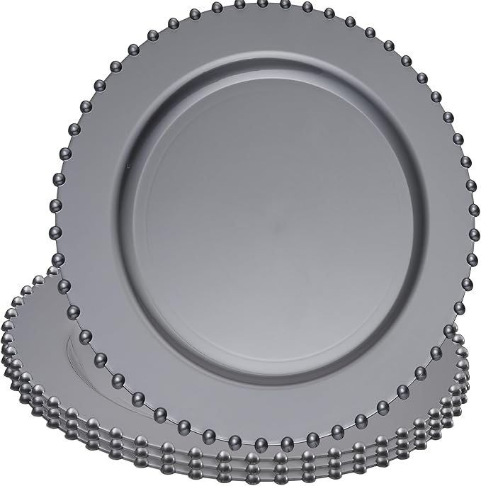 PLASTICPRO Silver Plastic Charger Plates with Beaded Edge – Pack of 4 – 13" Elegant Round Disposable Chargers for Weddings, Events, Parties, and Dinners