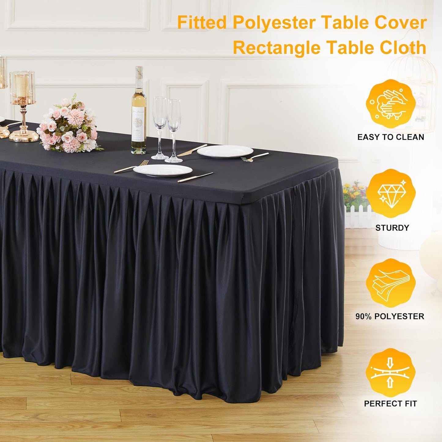 Black Polyester Table Clothes for 4 Foot Rectangle Tables, Wrinkle Free Fitted Table Cover with Pleated Ruffle Table Skirt for Birthday Party Wedding Trade Show Event Display