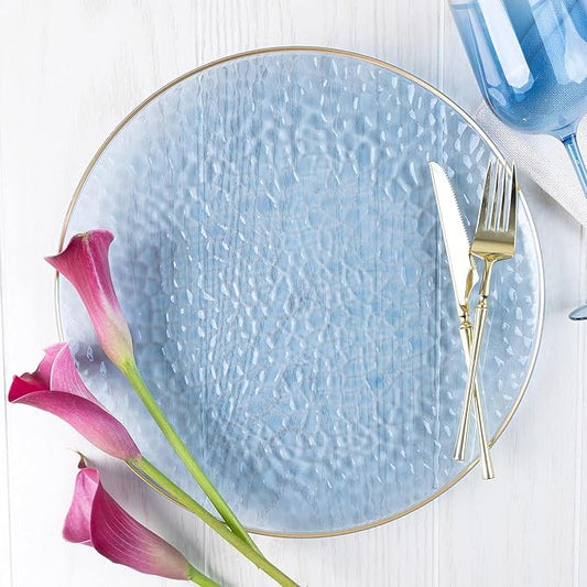 PARTY BARGAINS 13-Inch Charger Plates - 4 Pack, Hammered Blue Gold Rim, Heavy-Duty Disposable Chargers for Elegant Dining - Ideal for Weddings and Formal Events