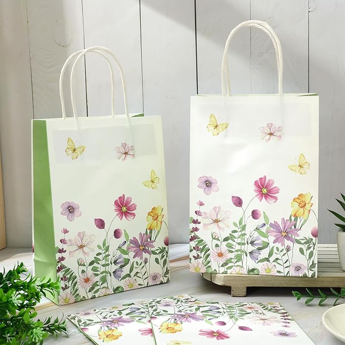 24Pcs Green Wildflower Paper Gift Bags Watercolor Wild Floral Party Favor Bags with Handles Decorative Goodie Candy Treat Bags for Spring Wedding Baby Shower Birthday Party Supplies