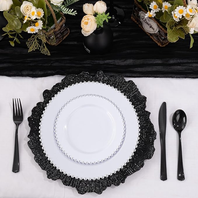 EI 50pcs Black Charger Plates With Reef High-end,13 Inch Black Chargers Heavy duty for Dinner Plates,Decorative Plate for Afternoon Tea,Wedding,Events,Business Events,Hotel Banquets