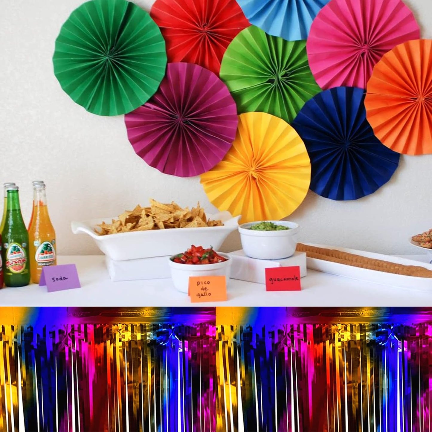 6 Pack 29x108 Inch Rainbow Metallic Foil Fringe Table Skirts Banner for Tinsel Streamer Garland Curtains Backdrop for Parade Floats Wedding Baby Shower Birthday Christmas Halloween Party Decoration