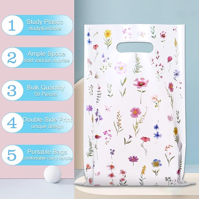 HJZHII 50 Pcs Party Favor Bags, Floral Bags Gift Bag Wildflower Print Treat Bag Multicolor Flowers with Handle for Wedding Candy Birthday Baby Bridal Shower Party Decorations Supplies