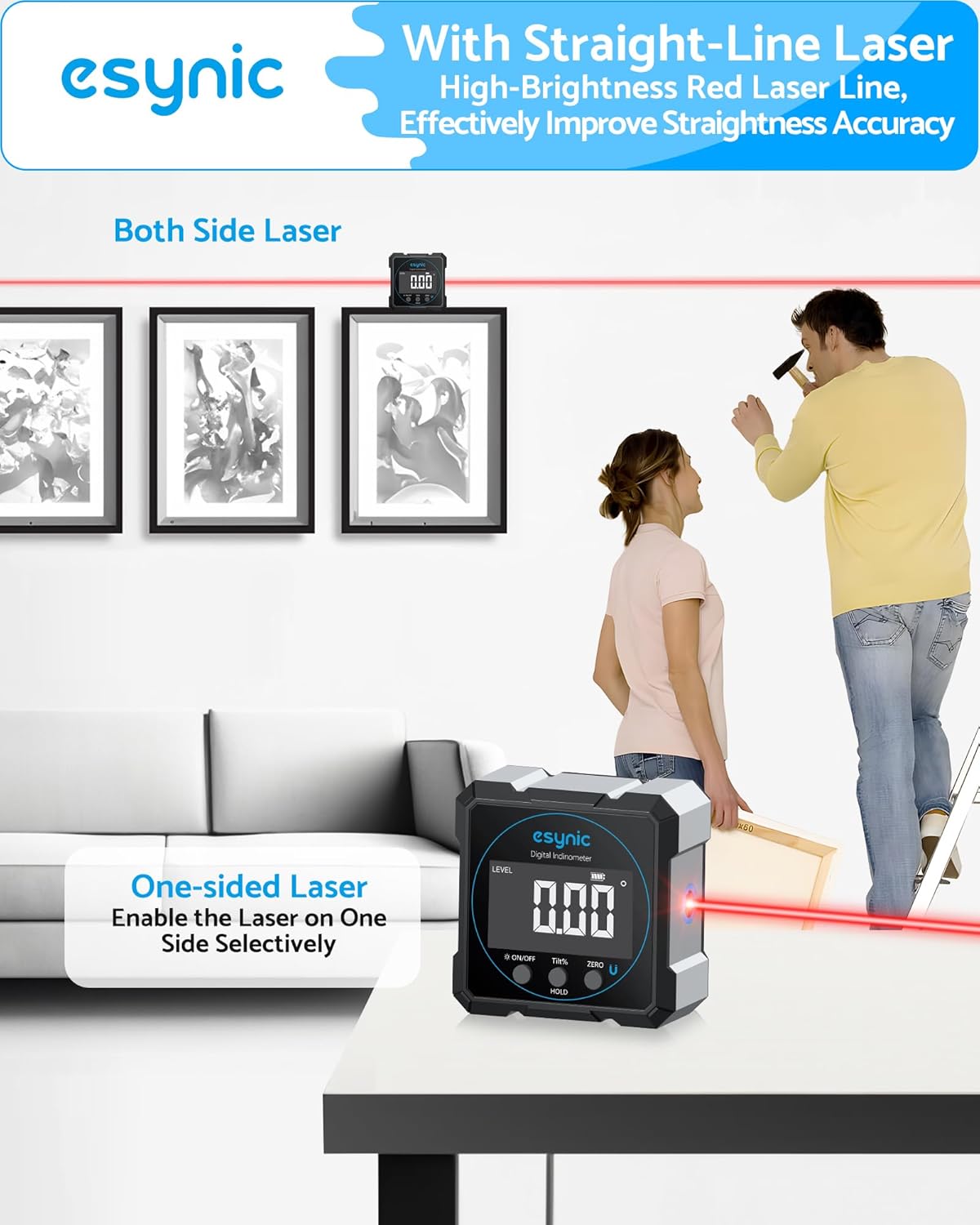 eSynic Portable Digital Angle Finder with Laser -IP54 Waterpoof 4 Sides Magnetic Digital Inclinometer -Auto Off Backlight LCD Display Rechargeable Angle Gauge for Construction (Laser Level: Class II)