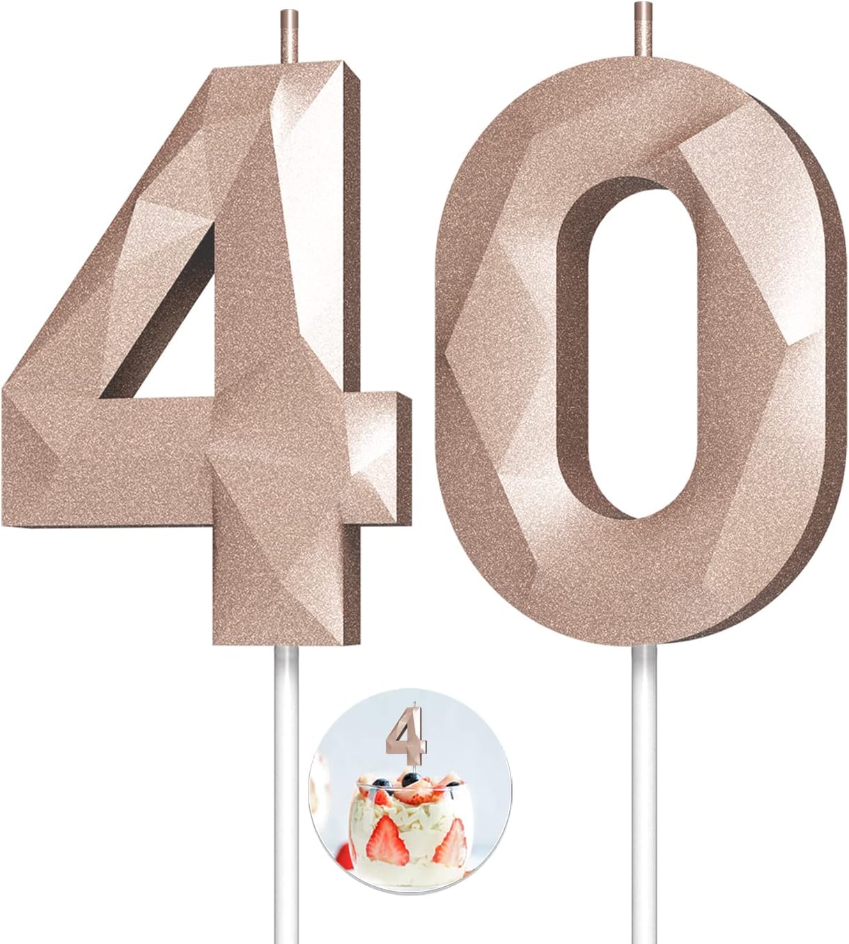 Number Birthday Candles(40 Candle Rose Gold) 3D Diamond Shape Number Happy Birthday Cake Candles for Birthday Party Wedding Decoration Reunions Theme Party