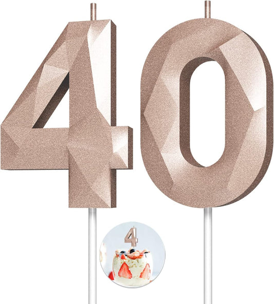 Number Birthday Candles(40 Candle Rose Gold) 3D Diamond Shape Number Happy Birthday Cake Candles for Birthday Party Wedding Decoration Reunions Theme Party