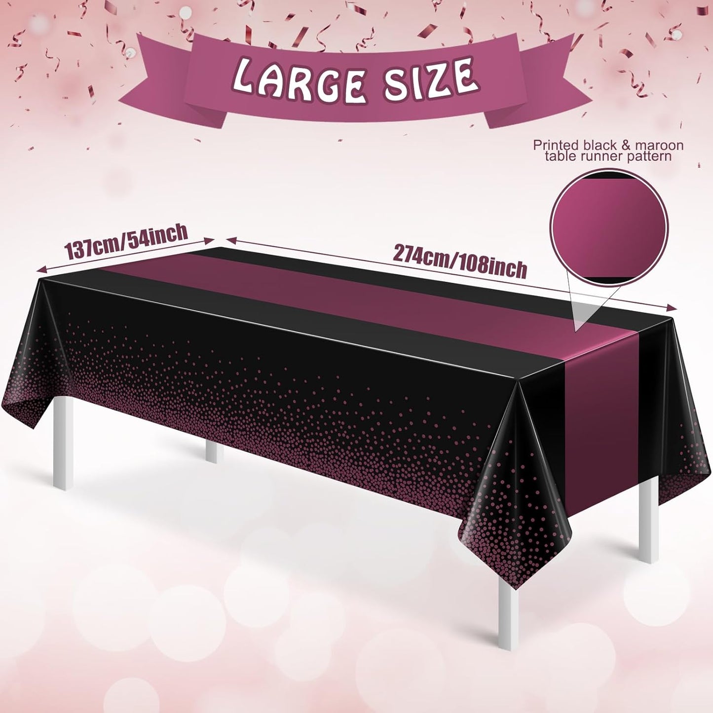 3Pcs Black and Maroon Purple Tablecloth Party Decorations,Plastic Black Table Cloth Printed Maroon Purple Table Runner Disposable Rectangle Table Cover for Birthday Wedding Graduation Party,54x108Inch
