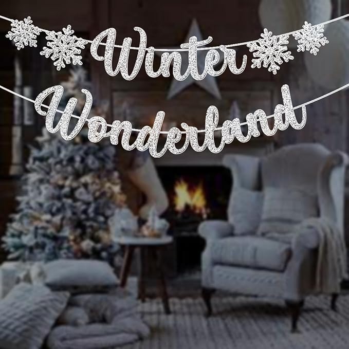 Winter Wonderland Decorations 20Pieces Plastic Snowflakes Hanging Ornaments, Winter Wonderland Banner,Snowflake Tablecloth for Home Bedroom Office White Christmas Winter Onederland Party Supplies
