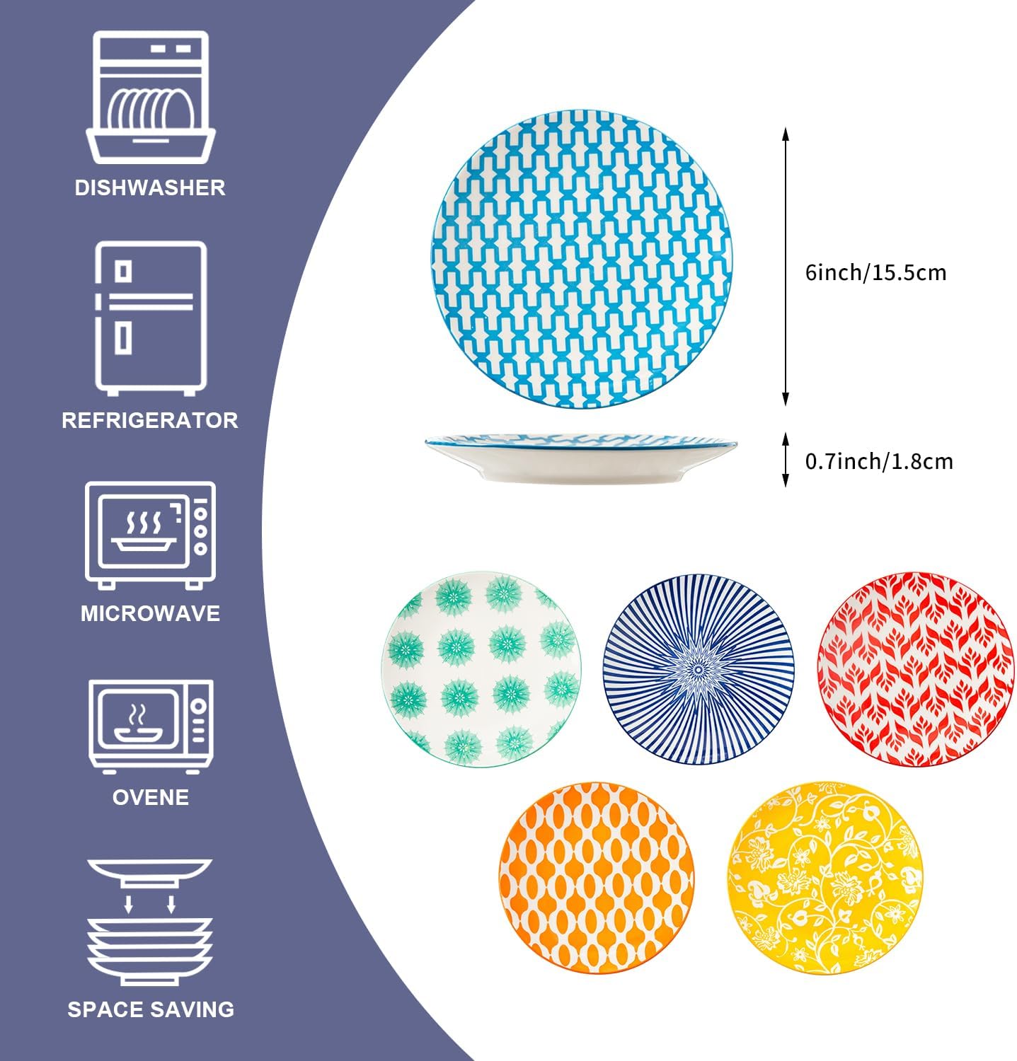 Ceramic Dessert Plates Set - 6 Inch Small Appetizer Plates for Kitchen - Salad Plate for Cake Snacks Side Dish,Gift, Microwave Dishwasher Safe, Assorted Colors