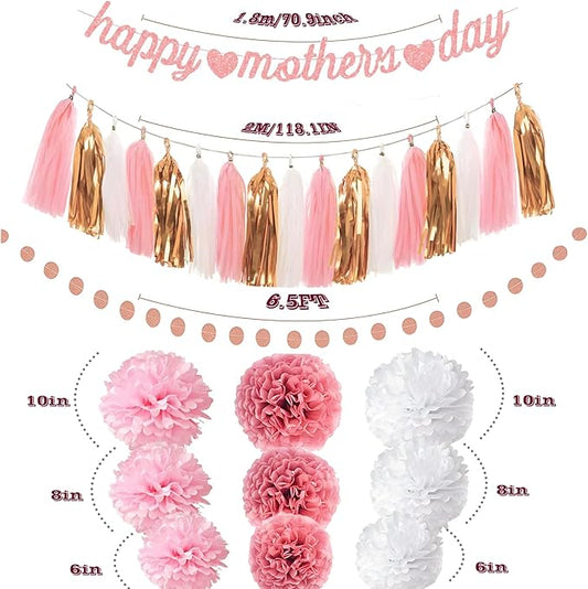 Mother's Day Party Decorations Kits Tissue Paper Pom Poms Flowers Rose Gold Happy Mother's Day Banner Tassel Garland Pom Pom Garlands Polka Dot Paper Garland Hanging Decor for Mother's Day (Rose Gold