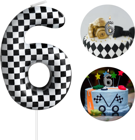 Racing Cars Themed Birthday Candle Number 6 Checkered Candle Birthday Party Decoration Cake Topper for Racing Car Party Decoration Theme Party Supplies (Number 6)