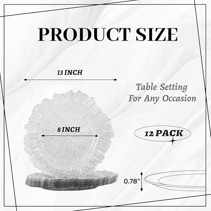MAONAME 13" Clear Charger Plates, Round Reef Chargers for Dinner Plates, Plastic Plate Chargers for Table Setting, Wedding Decor, Set of 12