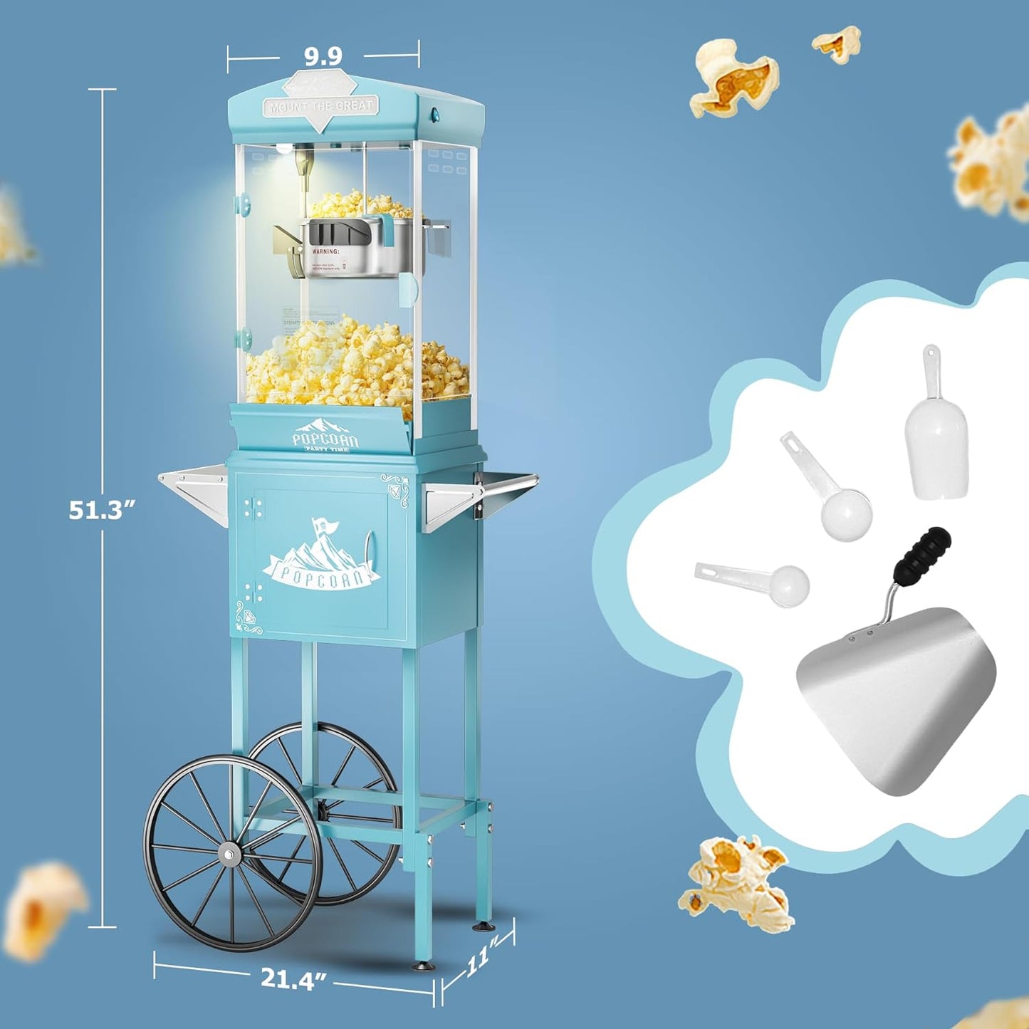 Popcorn Machine Cart with Wheel, 10 oz Popcorn Maker Machine with Stainless-Steel Kettle Makes Up to 40 Cups, Vintage Movie Theater Style Pop Corn Machine, Cyan